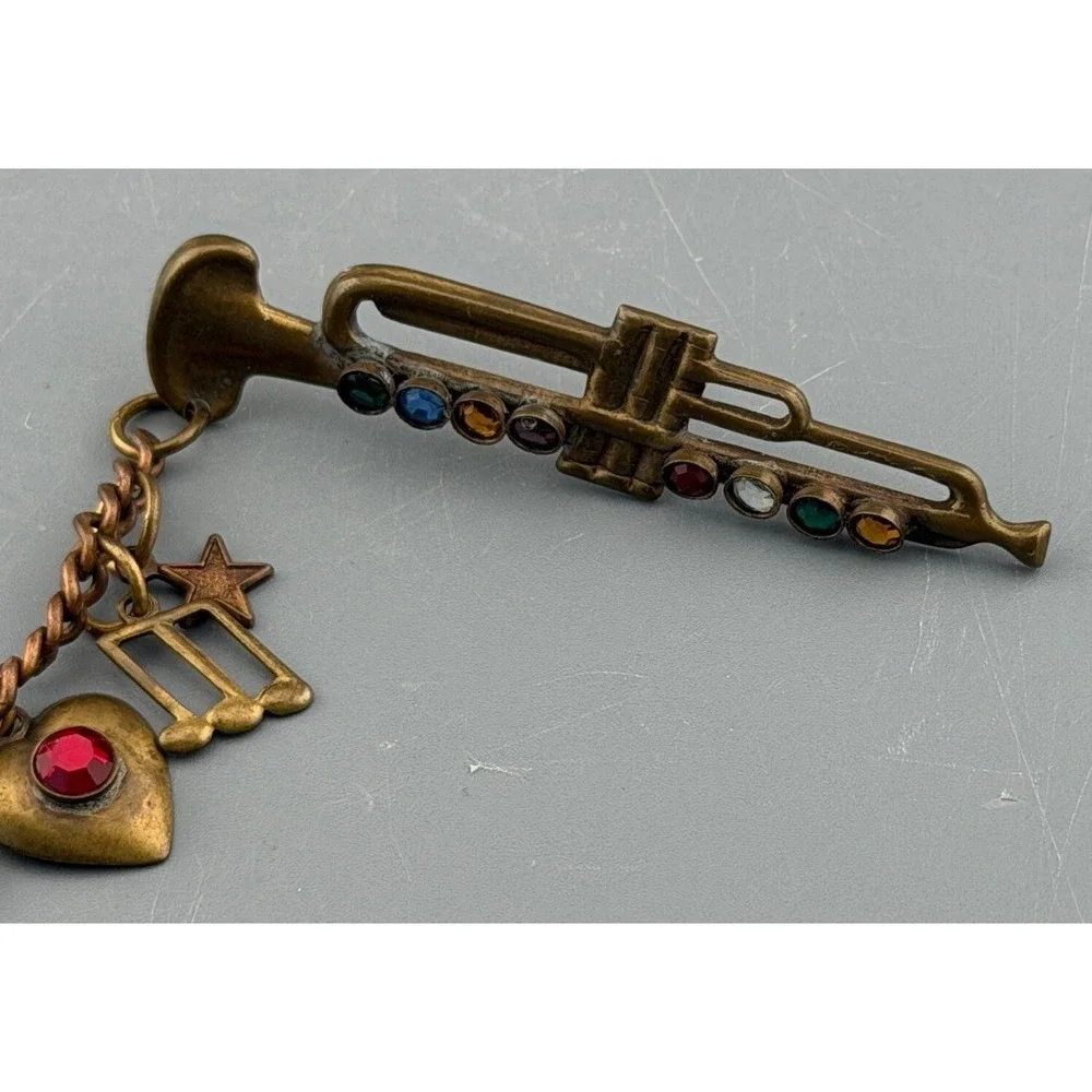 Vintage Double Pin Brooch Musical Charms Celestial Blazer Pin Sax Trumpet Chain